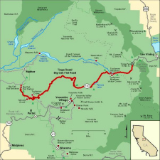 Map of Yosemite's Big Oak Flat Road to Tioga road ending at Tioga Pass