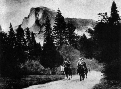 John Muir and Teddy Roosevelt on horseback. Yosemite 1903. DHH Collection