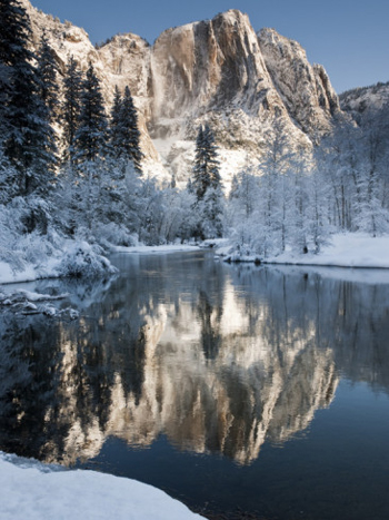 Frozen Yosemite falls reflected in the Merced River. AllPosters.com
