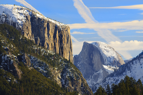 Yosemite's El Capitan and Half dome in snow