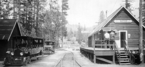 Yosemite park history. Mather Station, rail cars. DH Hubbard collection.