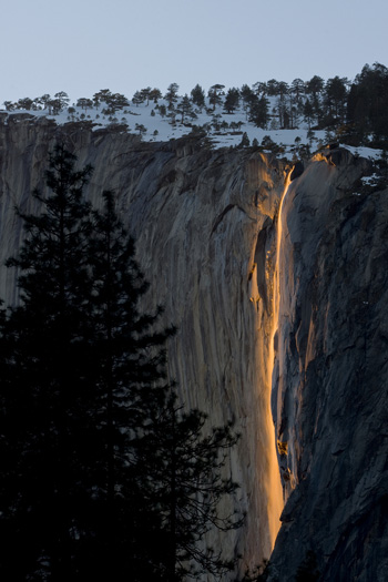 Firefall. Horsetail Fall illuminated by the setting sun.