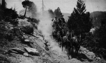 Where is Yosemite. Yosemite stagecoach rolling into Yosemite valley on the dusty Wawona trail. DH Hubbard collection.