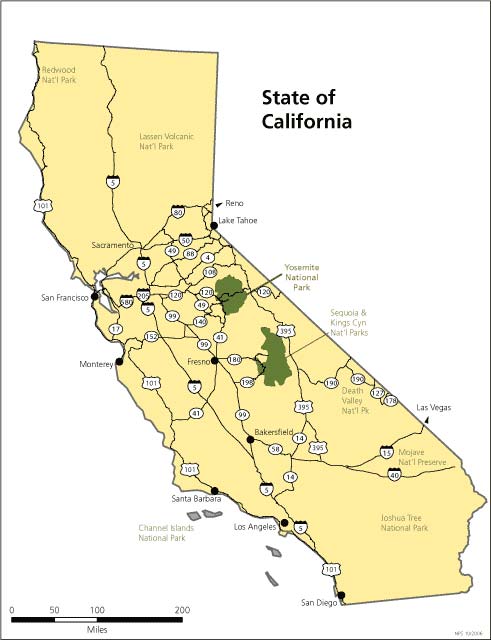 Where is Yosemite. Map of California with routes to Yosemite National Park. Courtesy NPS