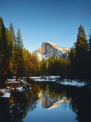 Half Dome in snow reflected in the merced river. AllPosters.com